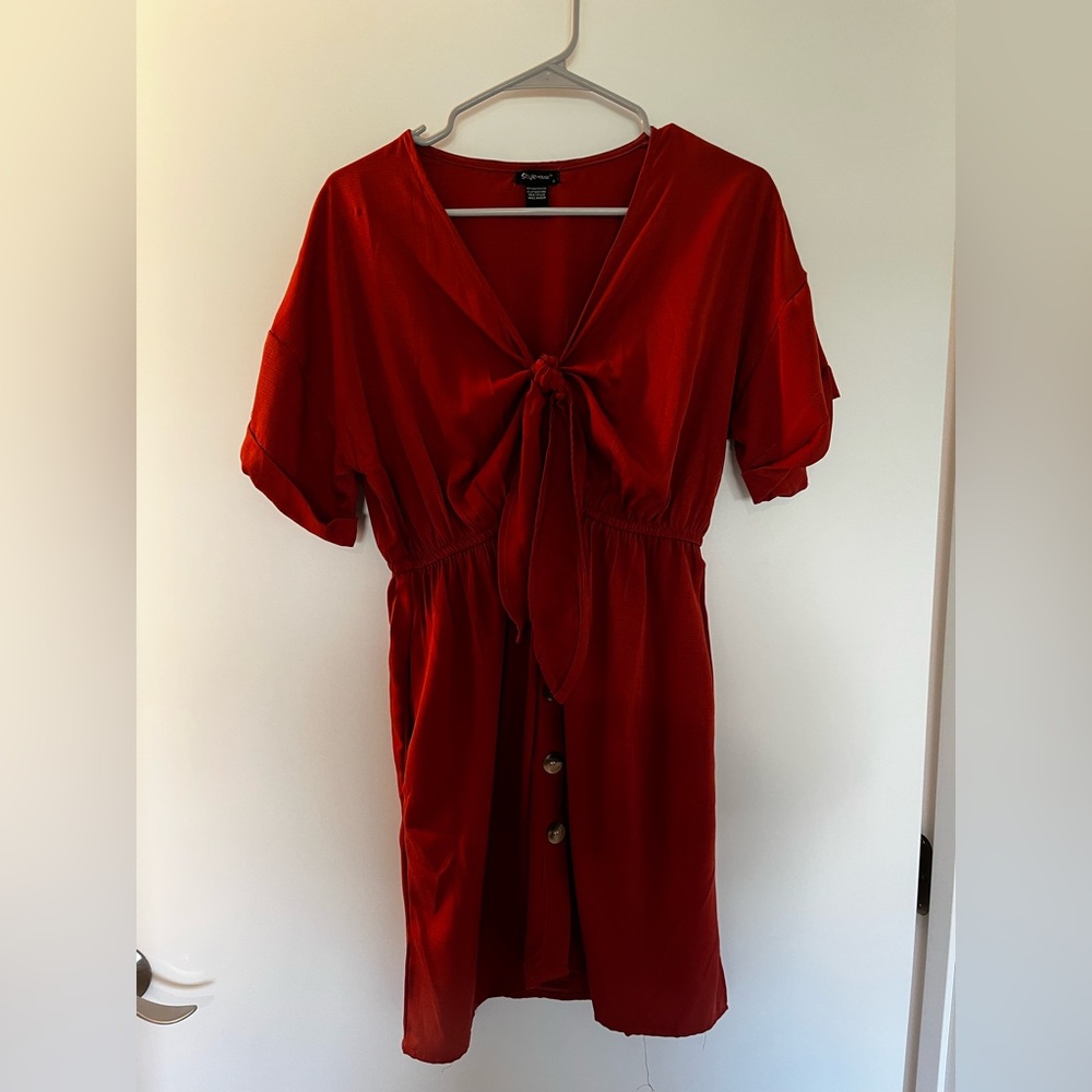 Red Button-Down Tie-Front Dress